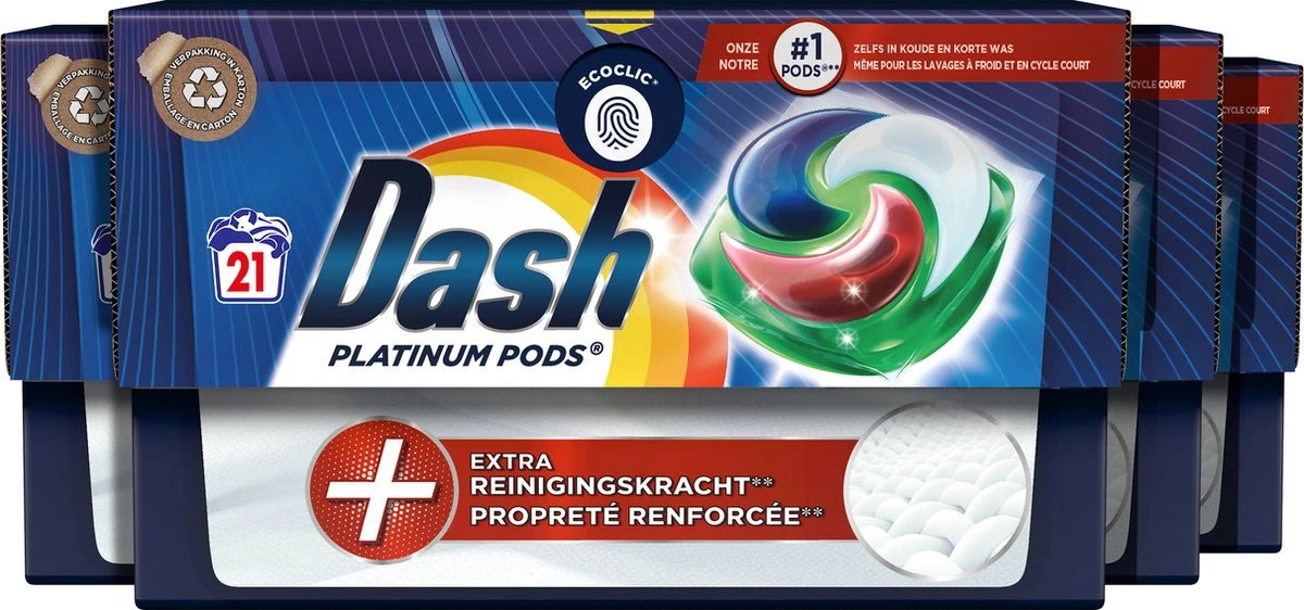Dash Platinum Pods +Vlekverwijderingskracht- Kleur - Wascapules - 4 X 21 Wasbeurten Voordeelverpakking 1 Dash Platinum Pods +Vlekverwijderingskracht- Kleur - Wascapules - 4 X 21 Wasbeurten Voordeelverpakking