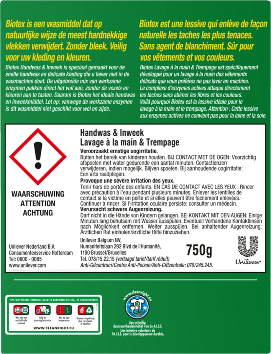Biotex Waspoeder Handwas & Inweek - 750 Gram 4 Biotex Waspoeder Handwas & Inweek - 750 Gram - Afbeelding 4