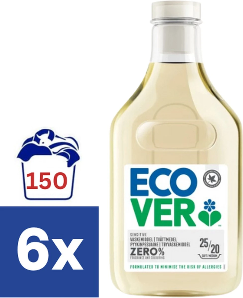 Ecover Zero% Vloeibaar Wasmiddel - 6 X 1 L (150 Wasbeurten) 1 Ecover Zero% Vloeibaar Wasmiddel - 6 X 1 L (150 Wasbeurten)